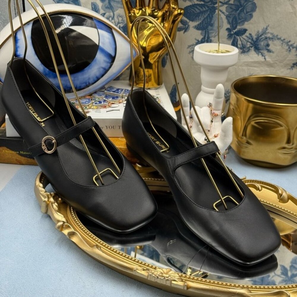 🆕 TORY BURCH 🧿 NWOB Selby Black Leather Square Toe Mary Jane Ballet Flats Sz 7 - Picture 4 of 14